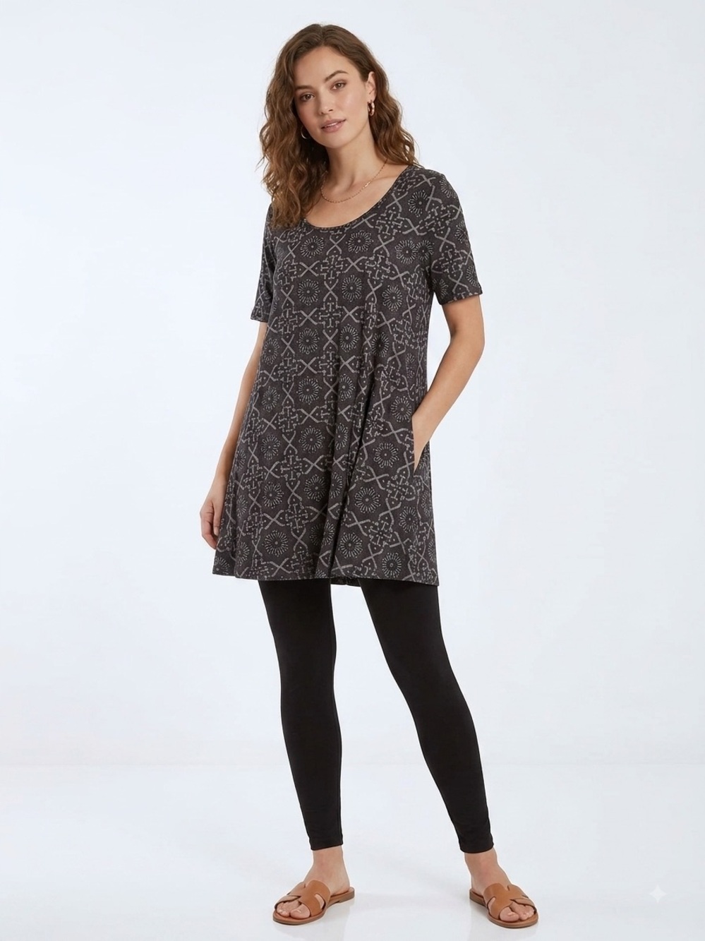 LuLaRoe Black Tunic with Light Gray Medallion Pattern